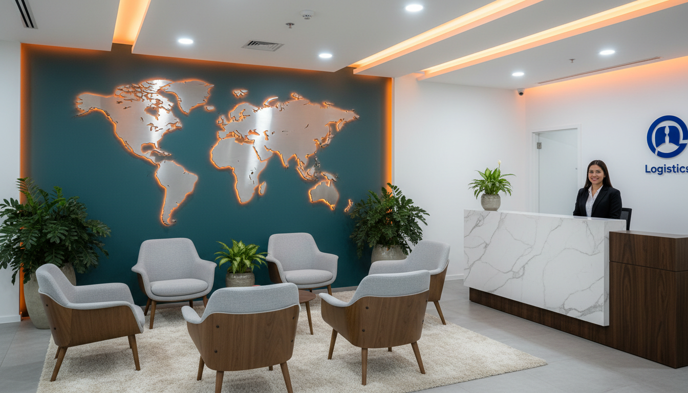Recepción de oficina con mapa del mundo en la pared
