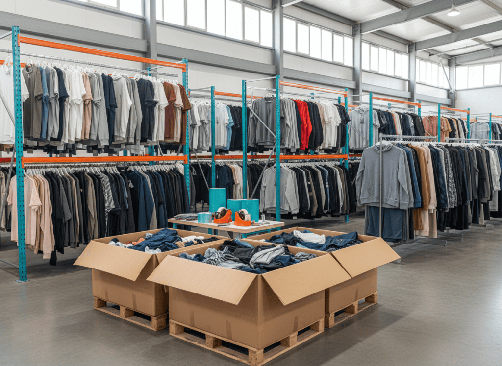 Ropa en percheros y cajas lista para envío
