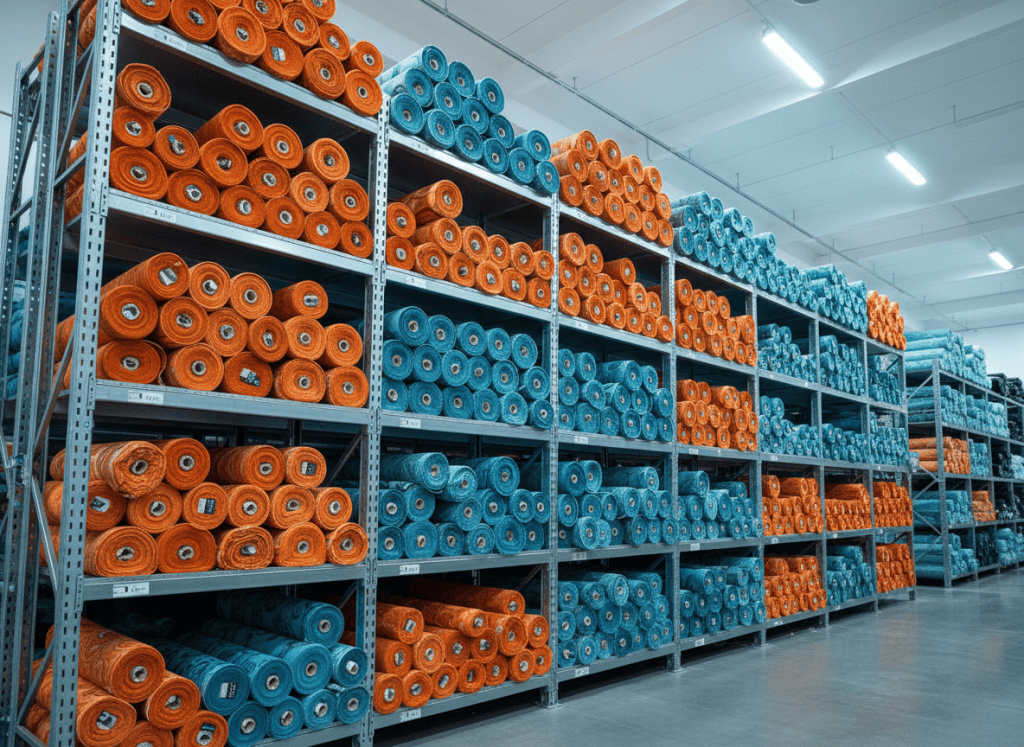 Rollos de tela de colores en una bodega